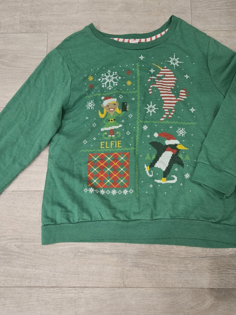 Holiday Time Green Kids Sweatshirt with Elfie and Penguin Graphics
